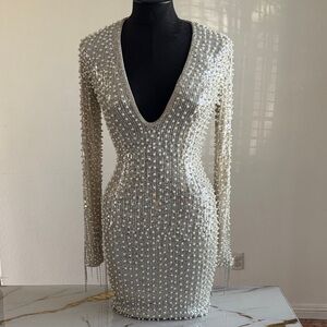 Fashion Nova Silver Long Sleeve Beaded Dress